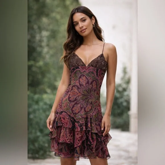 Vintage Ralph Lauren Silk Beaded Dress Flowy Slip Asymmetrical Fairy 90s y2k S 6 - Picture 2 of 12